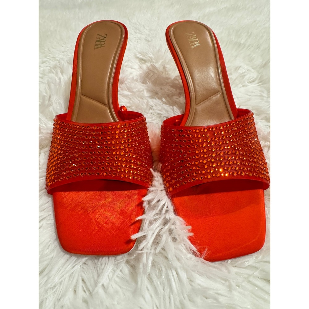 Zara Orange Satin Rhinestone Heeled Sandals Square Toe Mules Kitten Heel